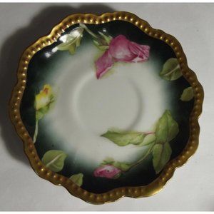 A Lanternier Limoges AL France 5" round Saucer gold trim pink yellow rosebud